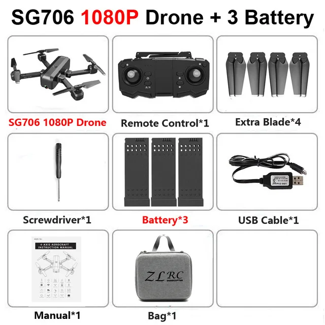 Радиоуправляемый квадрокоптер SG706 Дрон 4K HD широкоугольная двойная камера wifi FPV складной оптический поток селфи дроны Профессиональный 15 мин следуем за мной - Цвет: 1080P 3B Bag