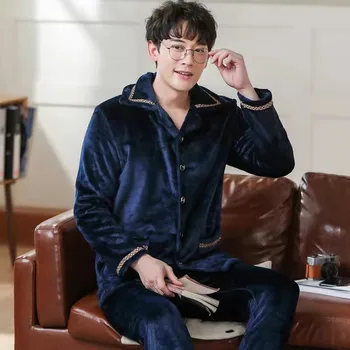 

2020 Winter Male Pajamas Set New Flannel 2PCS Thicken Warm Soft Sleepwear For Men Long Sleeve Tops+Pants Homewear