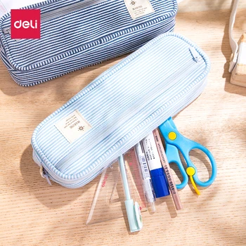 

Fabric Pencil Bag Simple Design Double Zippers Pen Punch Home Study Stationery Storage Pencil Case Soft Navy Stripes Blue 66886