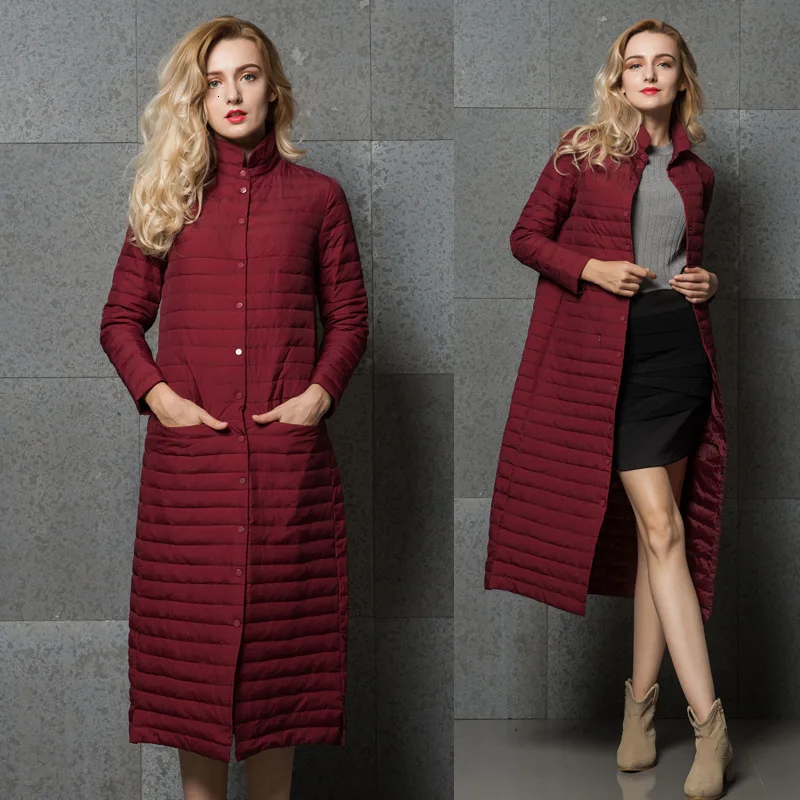 wine red Легкий Женский пуховик зимнее Новое Белое Длинное Пальто приталенное супер длинное пальто до колена - Цвет: wine red