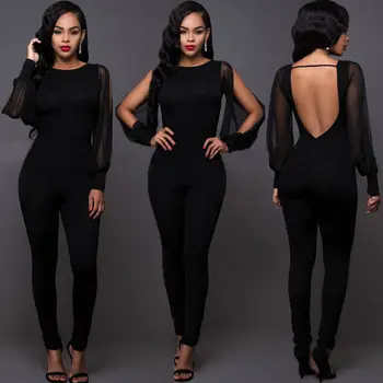

Sexy Ladies Mesh Long Sleeve O-Neck Backless Romper Jumpsuit Stretchy Bodysuit Club Bodycon Pants Party