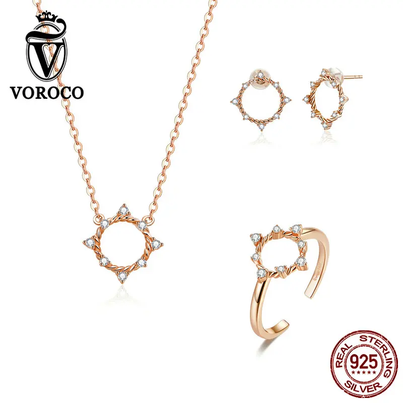 

VOROCO ZBS180 925 Sterling Silver Jewelry Set Rose Golden Shining Circle Ring & Earrings & Necklace Women Fine Jewelry Set