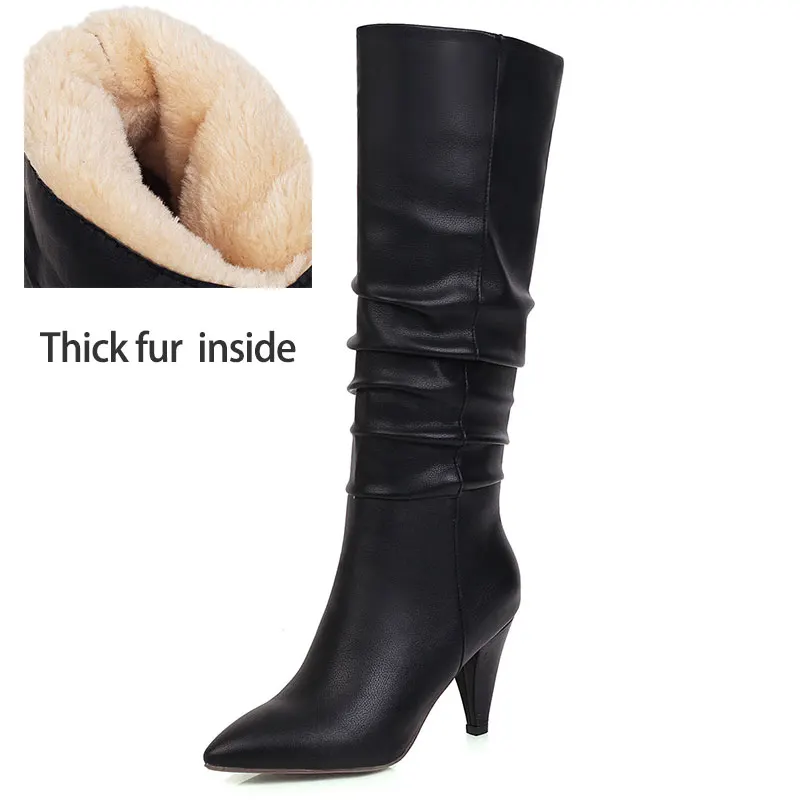 plus fur Blackpu Lsewilly модные новые популярные сапоги до колена на шпильках, большой размер 43 Женская обувь осенне-зимние ботинки на меху без застежки женская обувь - Цвет: plus fur Blackpu