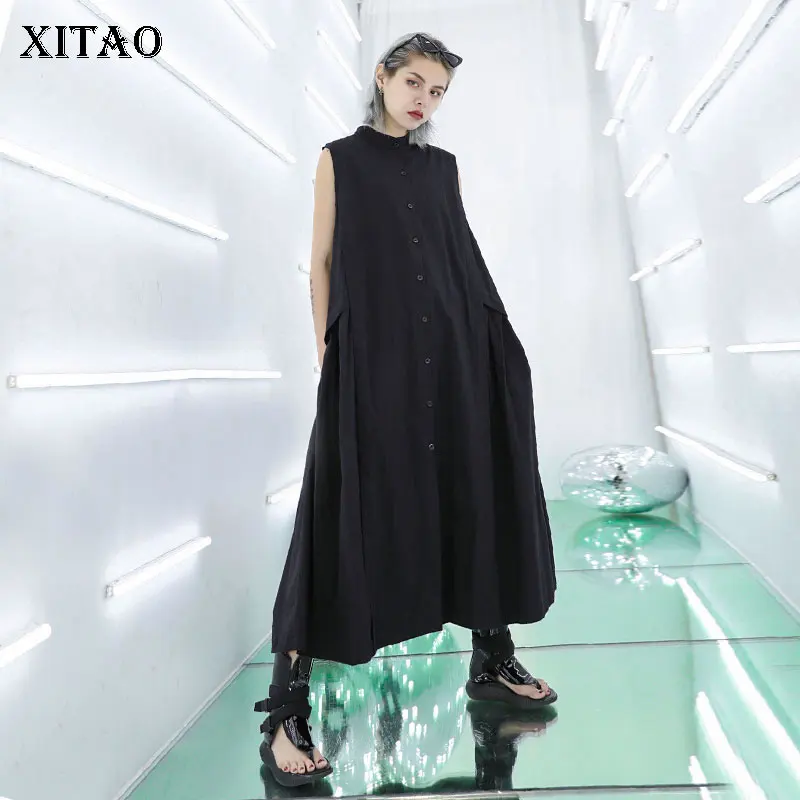 

[XITAO] Korea Fashion Women 2019 Summer O-neck Sleeveless Loose Solid Color Button Pleated Casual Mid-calf Dress ZLL3750