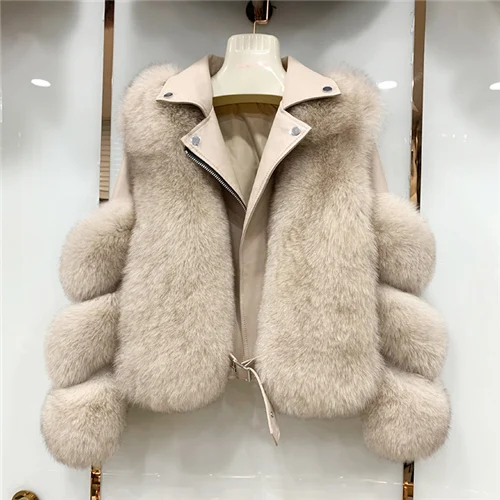Beige Женские модные меховые пальто из натурального меха лисы, верхняя одежда из натуральной овчины, кожаные куртки с поясом, пальто из натурального меха - Цвет: Beige