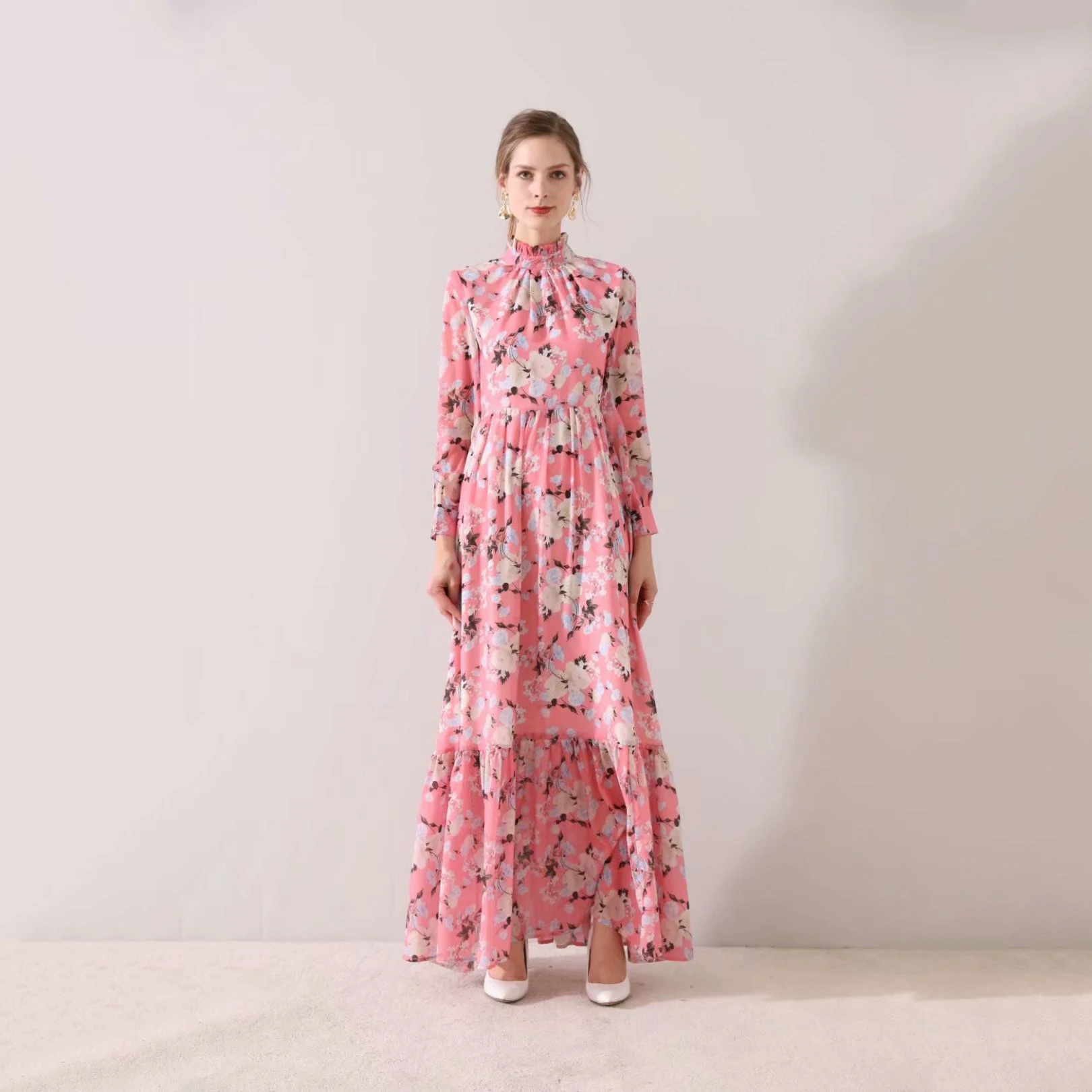 

2020 Spring Runway Maxi Long Dresses Women's Cute Pink Printed Ankle Length Holiday Vestidos Resort Robe Femme Ete