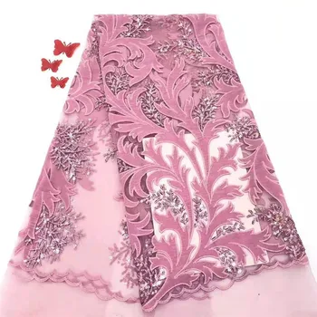 

Pink African Velvet Lace Fabric High Quality Embroidery Sequins Nigerian Lace Fabric For African fFrench Tulle Lace