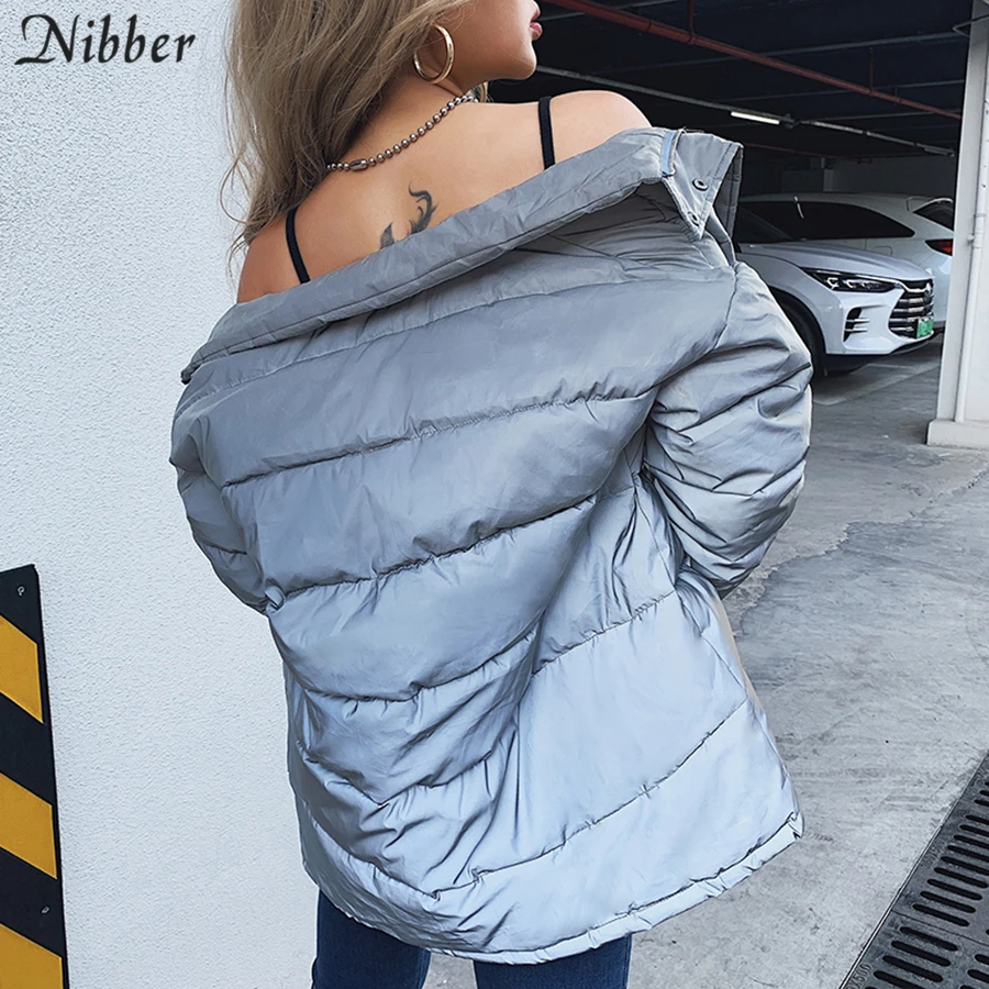 Nibber Winter Fashion Reflective Warm long Coat Womens top Jacket2019 club party Shining loose Outerwear mujer spring Parka Coat
