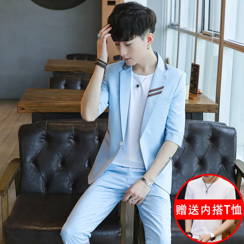 Новые модные летние мужские костюмы Slim Fit 3/4 рукав короткая куртка брюки 2 шт набор одна кнопка C93 - Цвет: ASVS-2115
