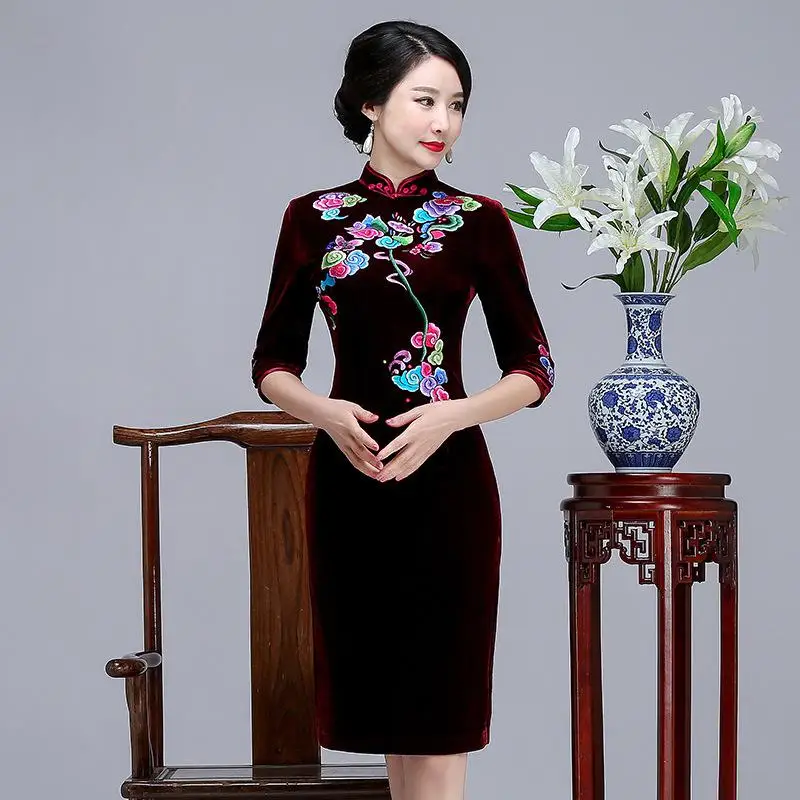 Женское вечернее платье, винтажная вышивка, цветок, велюр, Qipao, сексуальный бархат, высокий разрез, короткий рукав, Cheongsam Vestidos - Цвет: Style 3 Burgundy