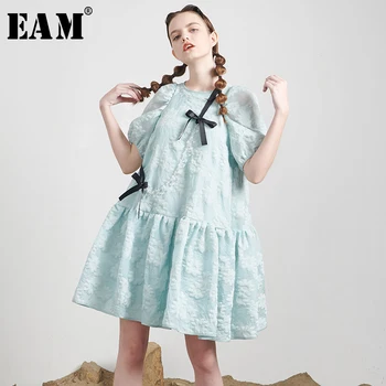 

[EAM] Women Pattern Bandage Bow Elegant Dress New Round Neck Half Puff Sleeve Loose Fit Fashion Tide Spring Summer 2020 1U410