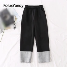 ^#Cheap Patchwork Pants Women Black Trousers Plus Size 3 4 5 XL Loose Elastic Waist Woolen Casual Straight Pants KKFY4276 ^#Cheap Patchwork Pants Women Black Trousers Plus Size 3 4 5 XL Loose Elastic Waist Woolen Casual Straight Pants KKFY4276