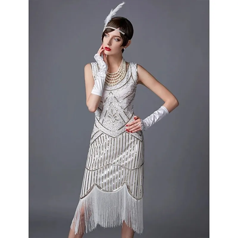 1920s Flapper Costume Dress For Women - White & Grey Charleston Style Fancy Dress
