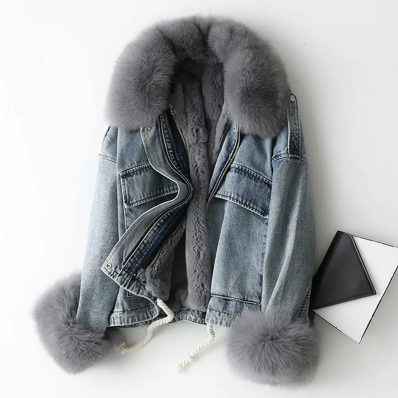 AYUNSUE Parka Real Fur Coat Female Rabbit Fur Liner Denim Jacket Winter Coat Women Fox Fur Collar Warm Korean Jackets MY - Color: gray