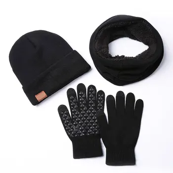 

3pcs Winter Beanie Hat Scarf Gloves Sets knitted three-piece suit men and women wool plus velvet to keep warm 2019