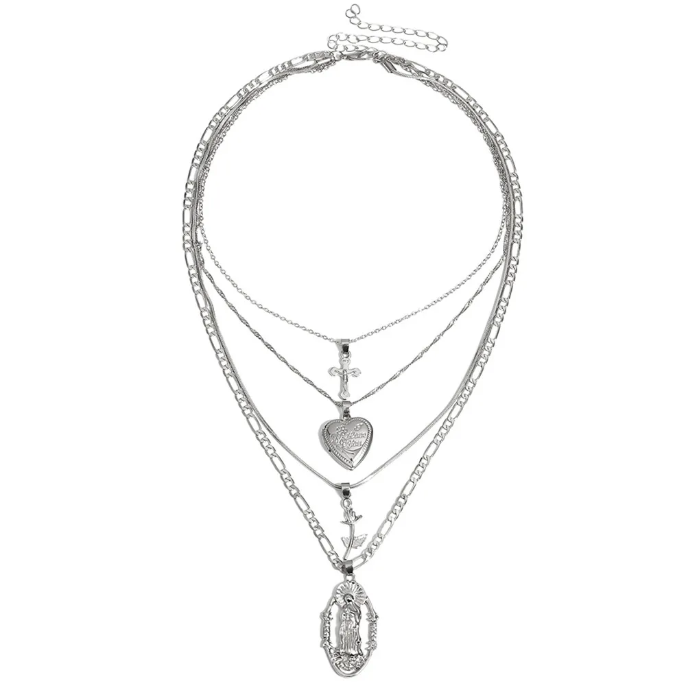 Готическое многослойное ожерелье с кулоном в виде креста Девы Марии, винтажное ожерелье в форме сердца и цветка, длинная цепочка, пара, Панк ювелирные изделия для женщин