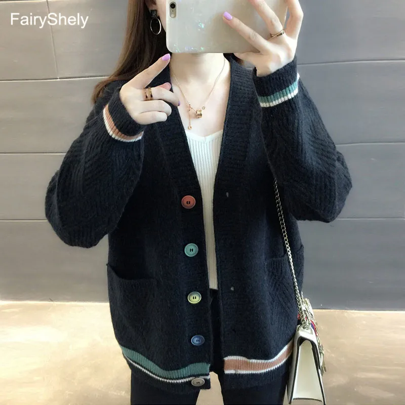 FairyShely Short sweater cardigan women Long sleeve streetwear ladies outwear jumper coat Casual female Girl winter sweater coat - Цвет: Черный