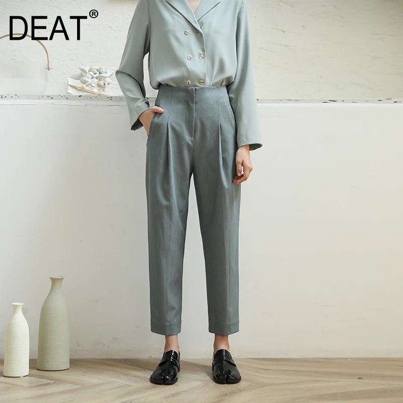[DEAT] High Waist Pocket Pleated Ankle-Length Trousers New Loose Fit Harem Pants Women Fashion Tide Spring Autumn 13E200