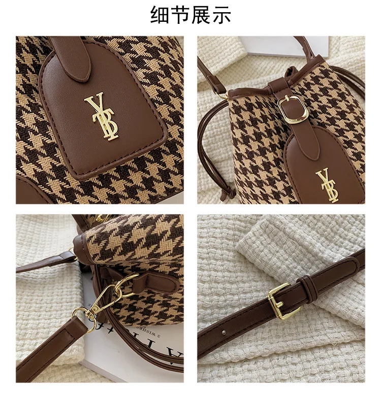Women's Bag New Thousand Bird Lattice Bucket Bag Woolen Foreign Style Contrast Color Single Shoulder Messenger
