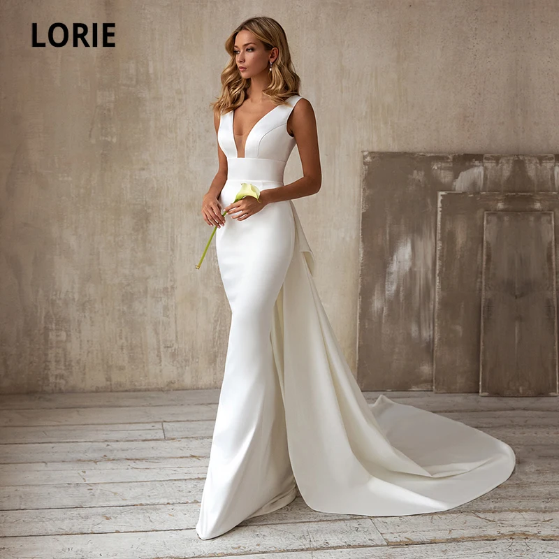 

LORIE Elegant Mermaid Wedding Dresses with Detachable Train Bow White Ivory Boho Wedding Bridal Gown V-Neck abito da sposa