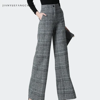 

Trousers Women Winter Wool Wide Leg Pants High Waist Vertical Plaid Pants Warm Thicken Plus Size Loose Casual Ladies Pantalon