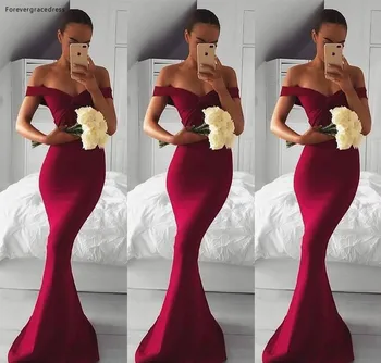 

2019 Burgundy Bridesmaid Dress Mermaid Off Shoulders Country Garden Formal Wedding Party Guest Maid of Honor Gown Plus Size