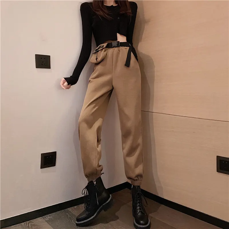 khaki women pants RealShe женские штаны карго с высокой талией и карманами, однотонные женские брюки, весенние повседневные уличные штаны, женские длинные брюки - Цвет: khaki women pants