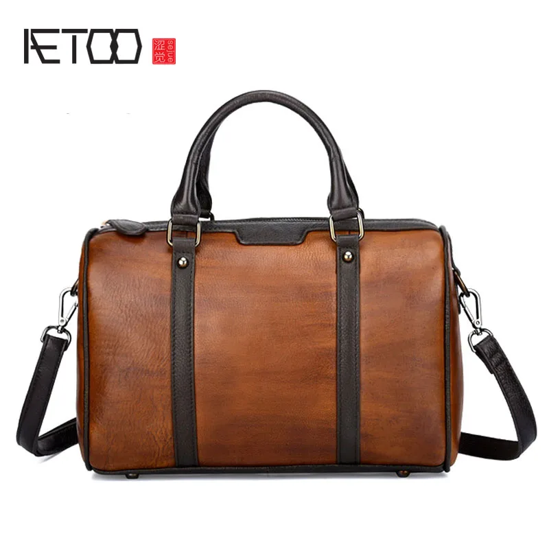 

BJYL Casual European and American retro style leather men's big bag retro shoulder bag First layer leather portable travel bag