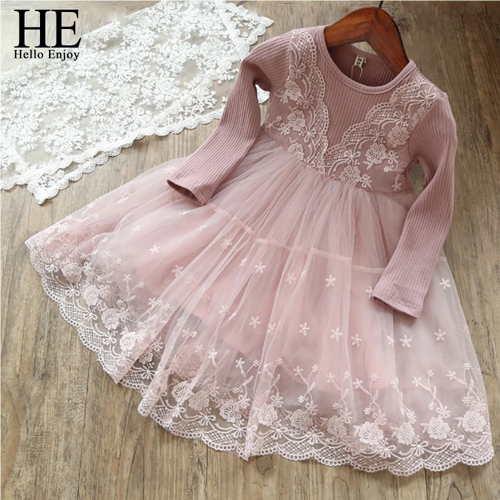 HE Hello Enjoy/платье для девочек; сезон весна; Новинка; кружевное Сетчатое детское платье с длинными рукавами для дня рождения; элегантное платье принцессы; детская одежда