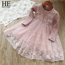 HE Hello Enjoy/платье для девочек; сезон весна; Новинка; кружевное Сетчатое детское платье с длинными рукавами для дня рождения; элегантное платье принцессы; детская одежда
