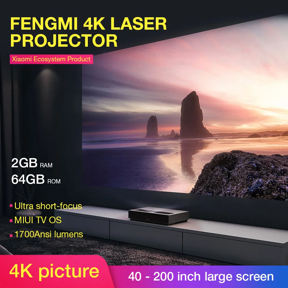 

Xiaomi Fengmi Native 4K Laser Projector Ultra Short Throw 2GB 64GB 0.47Inch DMD Dipaly Android 6.0 Projector ALPD 3.0 Support 3D
