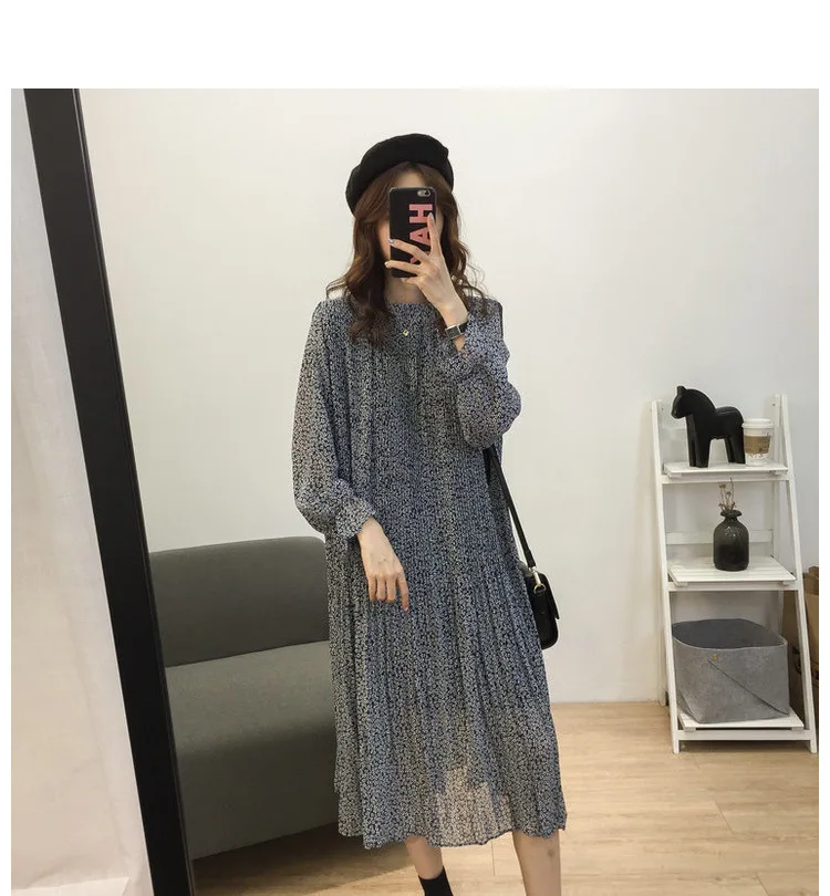 Loose-Fit Stand Collar Floral-Print Chiffon Long-sleeved Dress Autumn And Winter Women's Large Size Slimming Medium-length A- li
