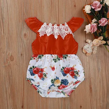 

2020 Newborn Baby Girls Flutter Sleeve Floral Bodysuit Summer Sunsuit Outfits Lace Up Baby Bodysuits Babygrow Girls Clothes