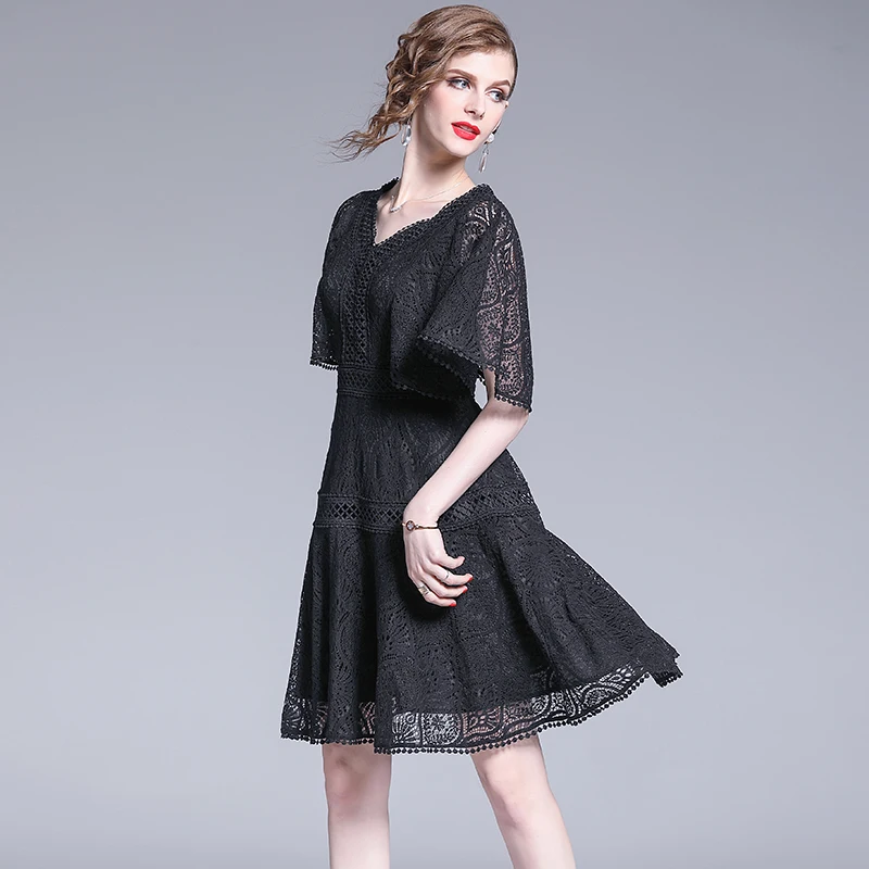 Новое Женское летнее черное кружевное платье с v-образным вырезом Vestidos De Verano Mujeres повседневное вечернее платье с рукавом в виде листа лотоса zomer jurk KA029
