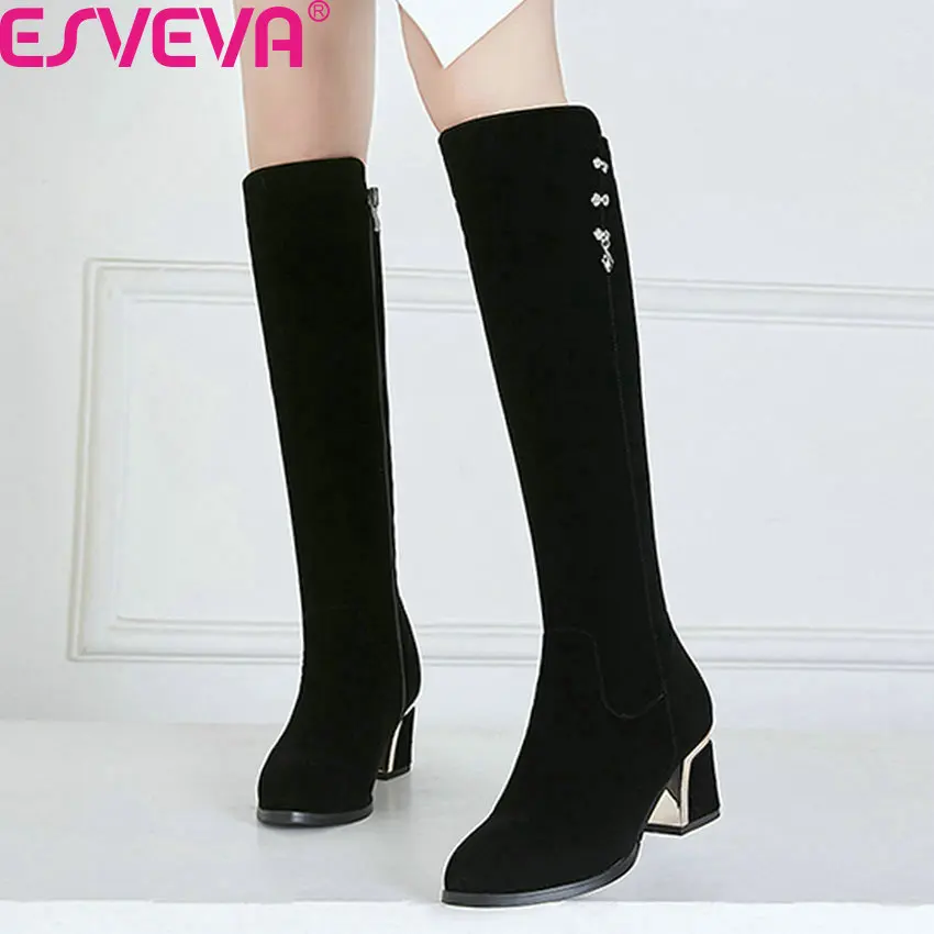 

ESVEVA 2020 Scrub Flock Round Toe Autumn Winter Knee High Boots Square high Heel Rhinestone Zipper Women Shoes Big Size 34-43