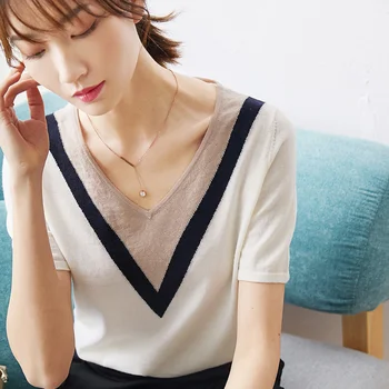 

New collar V neck Knitted Top short sleeve women s set in spring and summer 2020 color matching thin knitwear workplace
