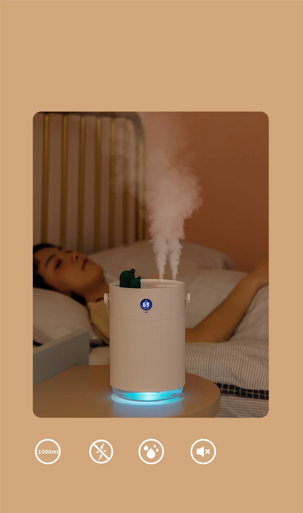 YouPin 1L Sothing Cactus Double Spray Humidifier LCD Digital Detect Humidity Purifying Air Mist Diffuser With 7 Colorful LED Light (13)