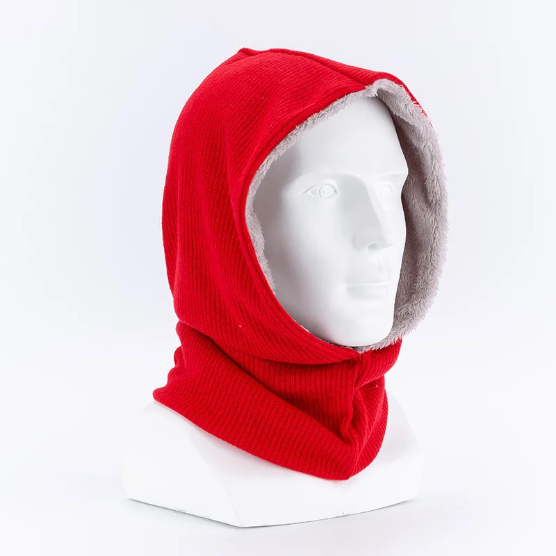Зимняя акриловая имитация шерсти, сохраняющая тепло, однотонное кольцо, стильный воротник с капюшоном, шарф для женщин и мужчин, бархатная вязаная шапка Skullies Beanies