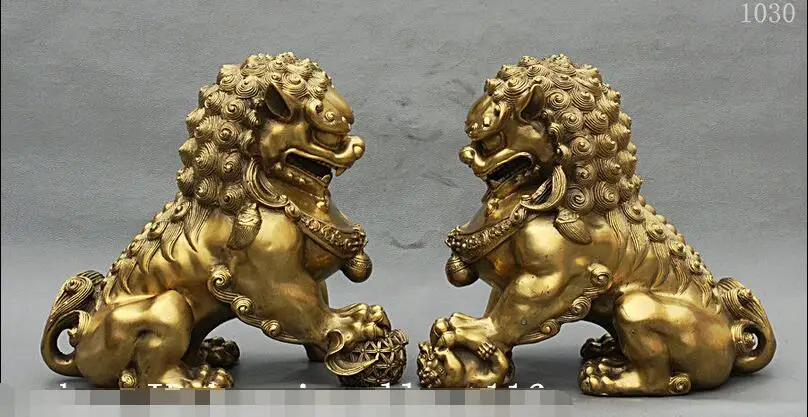 11 &quotКитайский дворец Фэншуй Чистая латунь Guardion Fu Foo собака злая Статуя Льва пара |