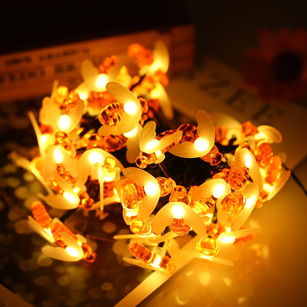 Solar Powered Garden String Light 7m/22.97ft 50 Beads Honey Bee Fairy String Lights IP65 Waterproof Outdoor for Party Garden