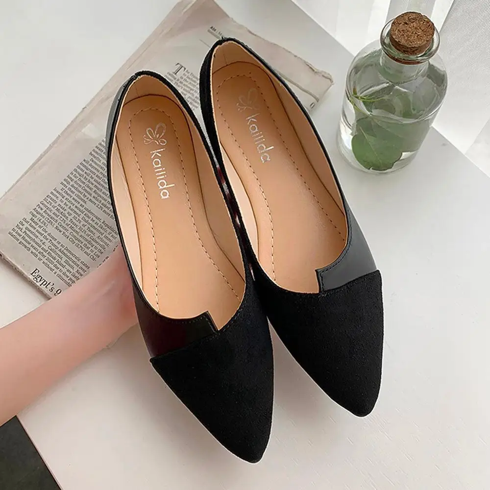

Leather Shoes Splice Color Shoe Ballerina Slip On Shoes Women Flats 2020 Fashion Pointed Toe Ballet Footwear buty damskie 35-40
