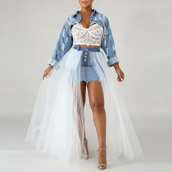 

Women Mesh Sheer Split Skirt Patchwork Vogue pencil Skirts High Waist Party Wrap Clubwear Individual Denim Skirt 2019 New