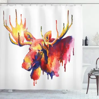 

Moose Shower Curtain Psychedelic Watercolor Paintbrush Style Vivid Toned Moose Aquarelle Picture Fabric Bathroom Decor Set