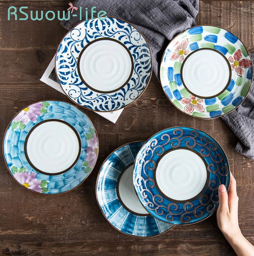 

8 Inch Creative Japanese Ceramic Plate Home Dining Dish Round Hand-painted Tableware Personality Serving Dish For Dinner Plates