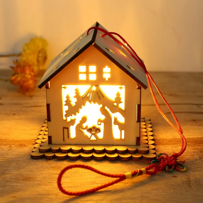 

Glowing Wooden House Hanging Ornament for Home Bar Warm Light Decoration Christmas Home Wall Decor Star Pattern Wood House Decor