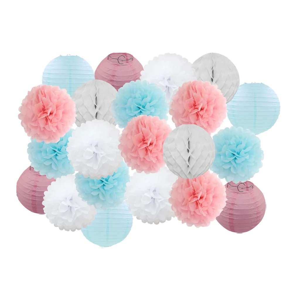 Pink blue Set Горячая распродажа 21 шт./компл. розовый набор круглых Бумага Фонари для маленьких девочек украшение для детей крещение вечерние декор висит Изделия из бумаги орнамент - Цвет: Pink blue Set