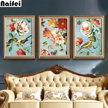 

5d DIY Diamond Painting Handicraft Full square round Diamond Embroidery European Retro Flower bird Triptych Diamond Painting