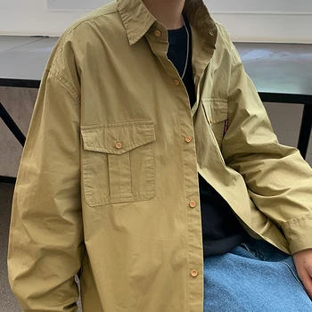 

DARK ICON Plaid Pockets Oversized Shirt Men Students Loose Shirts Preppy Syle Men's Shirt