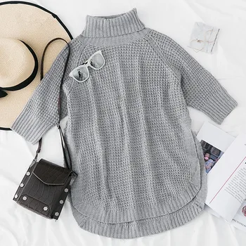 

2020 new European and American solid color knitting high collar Pullover half sleeve women's waist split sweater woman