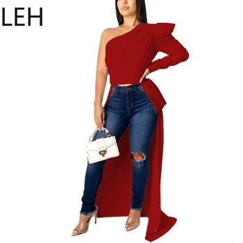 

Skew Collar Party T-shirt Women Long Dip Hem Prom Blouse Puff Sleeve Streetwear One Shoulder Asymmetrical Tops Clothes Tshirt